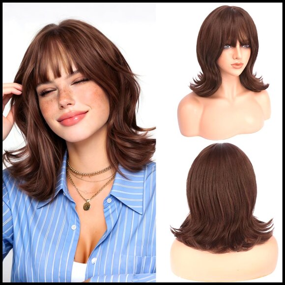 Synthetic Bob Wig with Bangs Wavy Layered Shoulder Length Heat Resistant Daily main image 6
